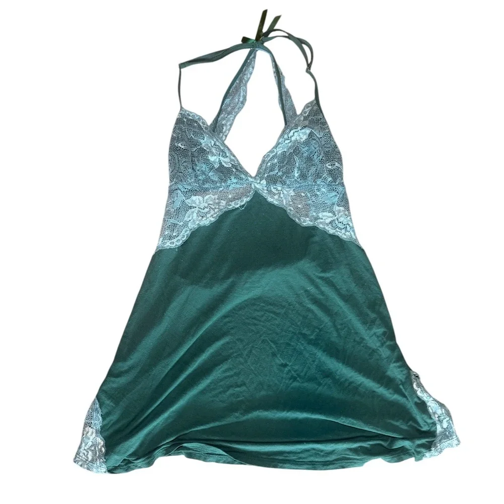 Avidlove‎ Forest Green Lace Trim Open Back Tie Halter Chemise Babydoll S